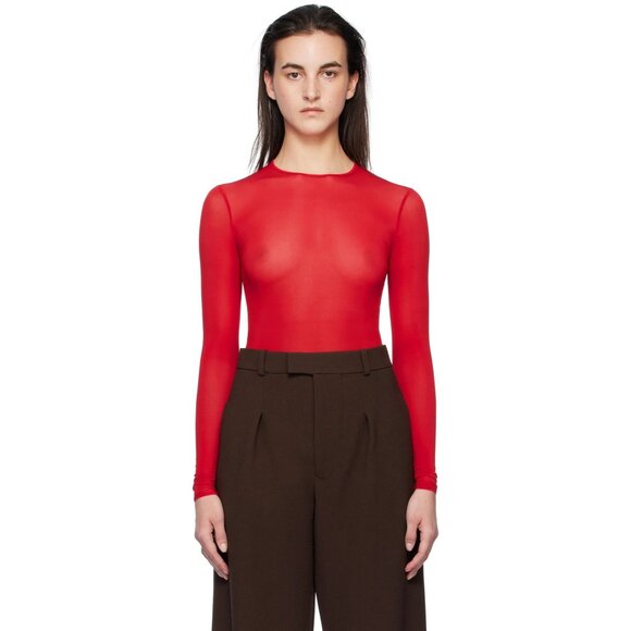 WARDROBE.NYC Sheer Bodysuit in Red Small New Womens Long Sleeve Top - Picture 13 of 16